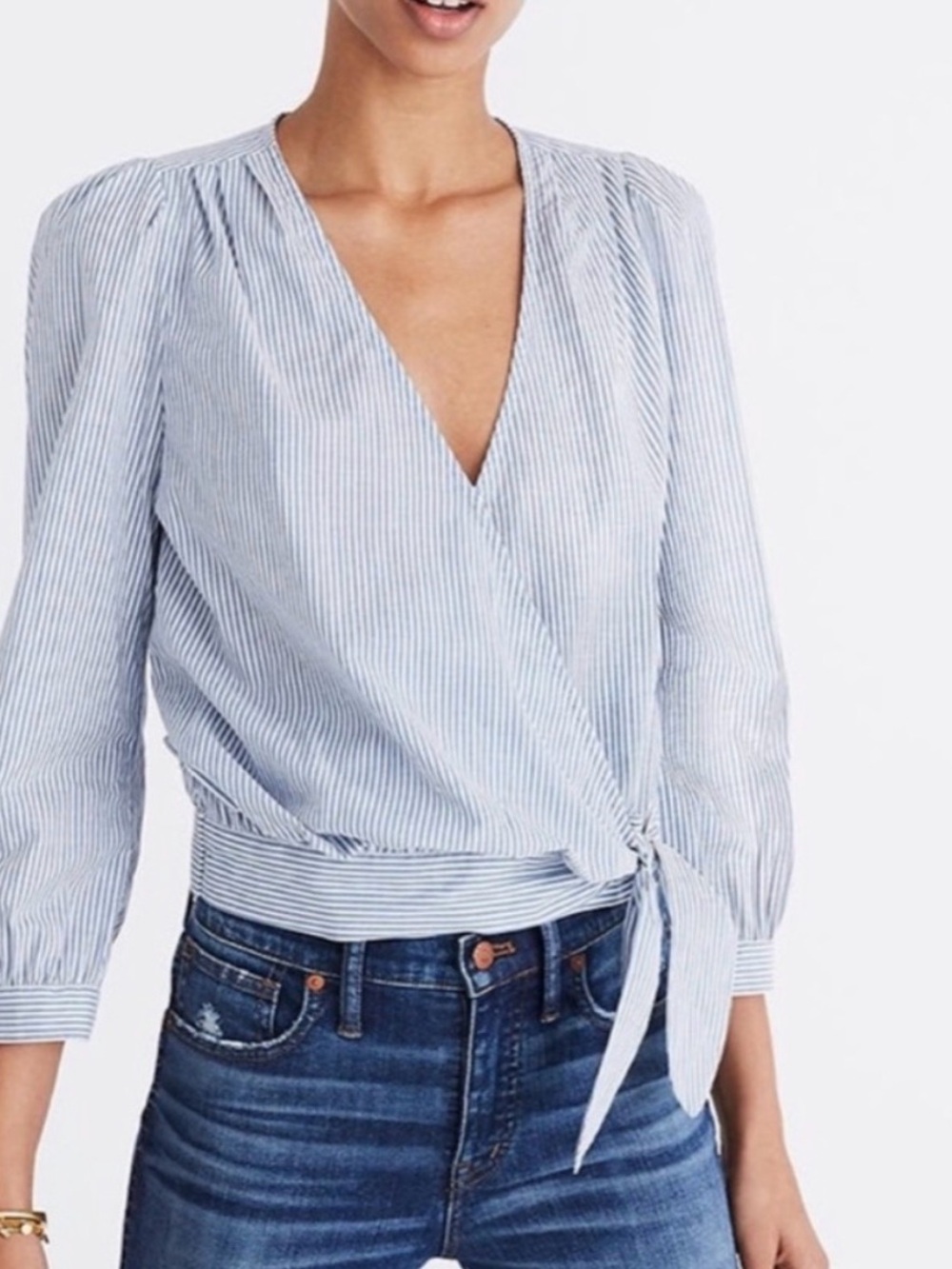 Madewell Light Blue Striped Wrap Blouse